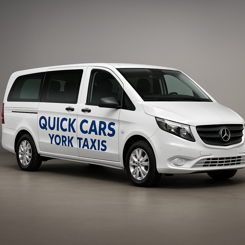 White Mercedes taxi van with "Quick Cars York Taxis" branding on the side.