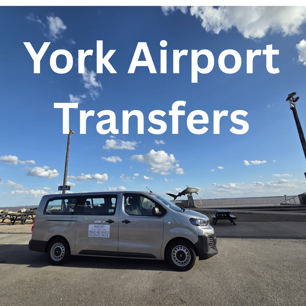 Quick Cars York minibus parked by the seaside with “York Airport Transfers” text, representing airport taxi services from York