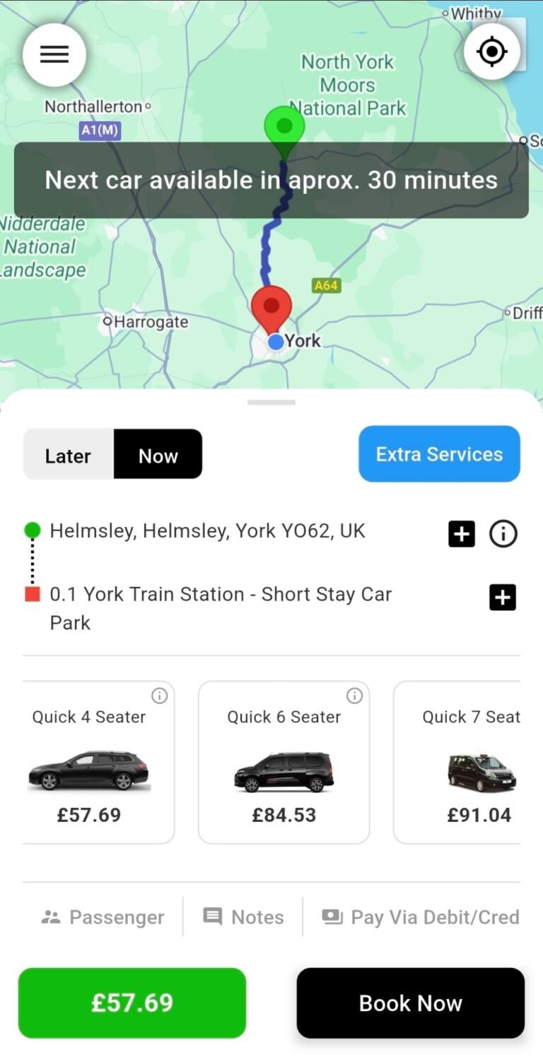 Taxi booking app showing a York to Helmsley journey with live map, estimated 30-minute pickup time, vehicle options, and fixed prices.