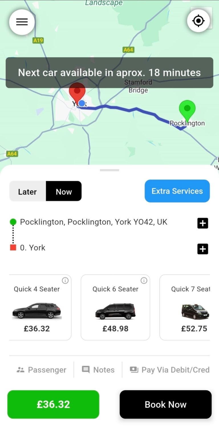 Taxi booking app showing a York to Pocklington journey with live map, estimated 18-minute pickup time, vehicle options, and fixed prices.