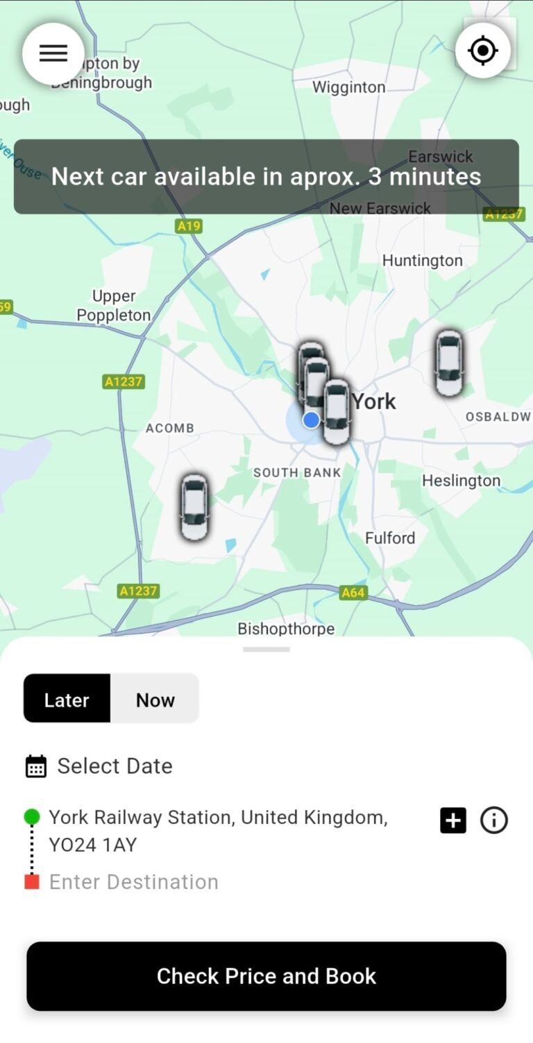 Quick Cars York taxi app showing live car availability near York Railway Station with next car arriving in approximately 3 minutes