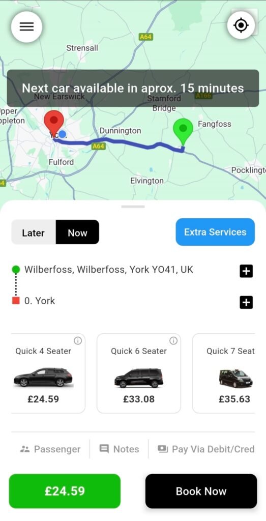 Taxi booking app showing a York to Wilberfoss journey with live map, estimated 18-minute pickup time, vehicle options, and fixed prices.