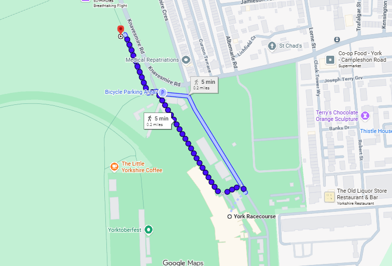 Map showing the 5-minute walking route from York Racecourse to the designated Private Hire taxi pick-up and drop-off point in Car Park A via Knavesmire Road.